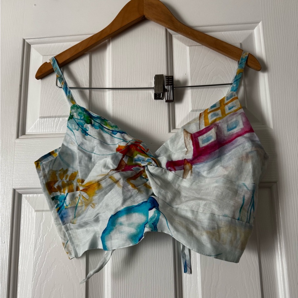 Orchedia Linen Tie-Back Cropped Blouse - Abstract Print, Made in Italy 0449